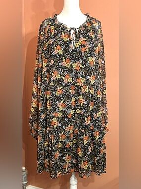 LOFT Navy Floral Ruffle Tie-Neck Sheer Long-Sleeve Dress | LG